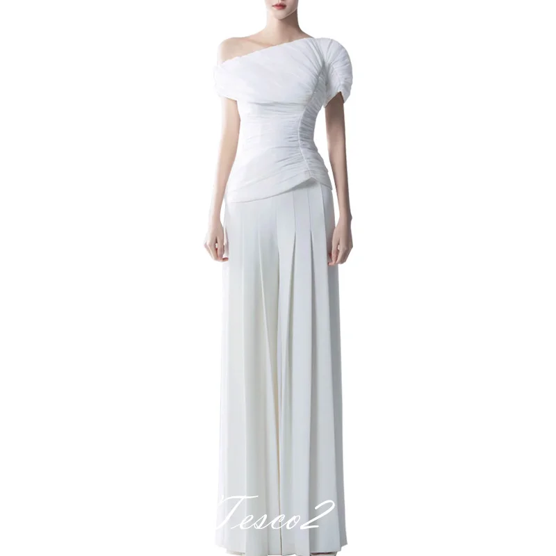 Tesco-Ensemble de pantalons blancs plissés pour femmes, blazer à une initiative, droit, jambe large, fjfor, dame de bureau élégante, 2 pièces