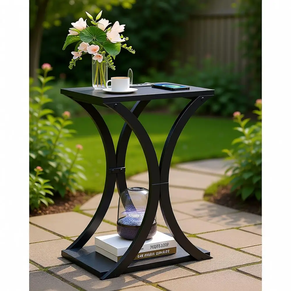 

Black 2-Tier Charging Station Nightstand with Storage for Small Spaces Living and Bedroom