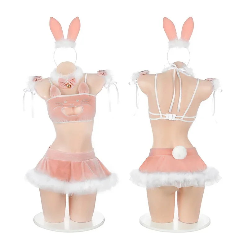 Sweet Cat Girl Anime Cosplay Costume Soft Velvet Bunny Lingerie Lolita Pink Underwear Set Exotic Halloween Maid Hollow Nightwear