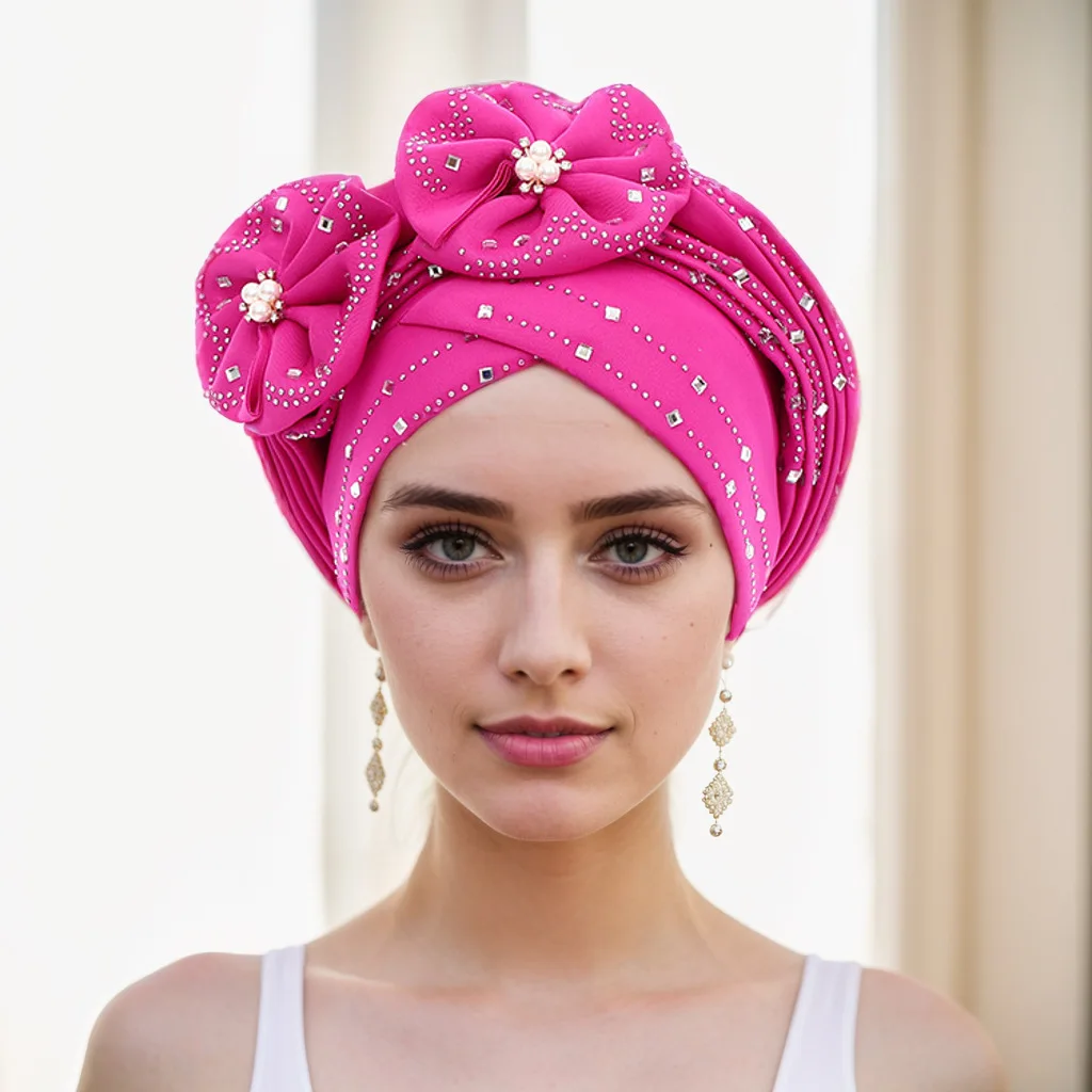 1 Casual Bun Hat Space layer ironed drill two flower multi-layer African dinner hat Auto gele Bun Hat