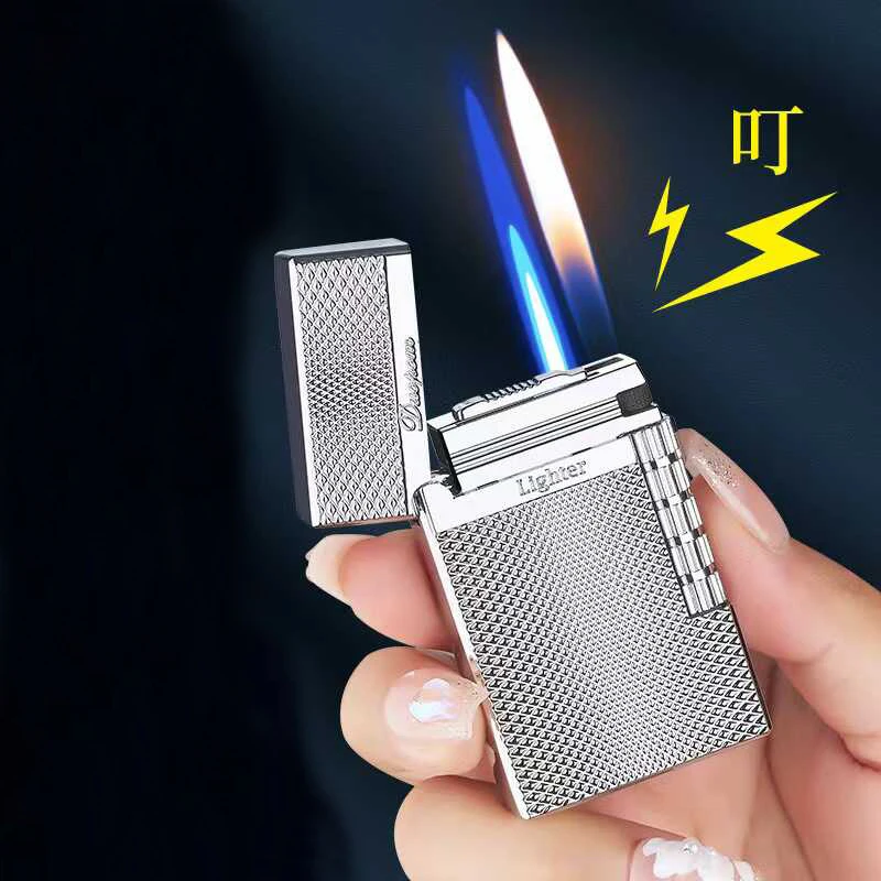 

New metal dual flame inflatable lighter classic side pulley open flame switching jet flame windproof fuel tank perspective