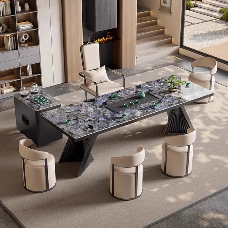 

Light luxury simple rock slab tea table Large board office tea table and chair combination Modern high-end tea table set Large t