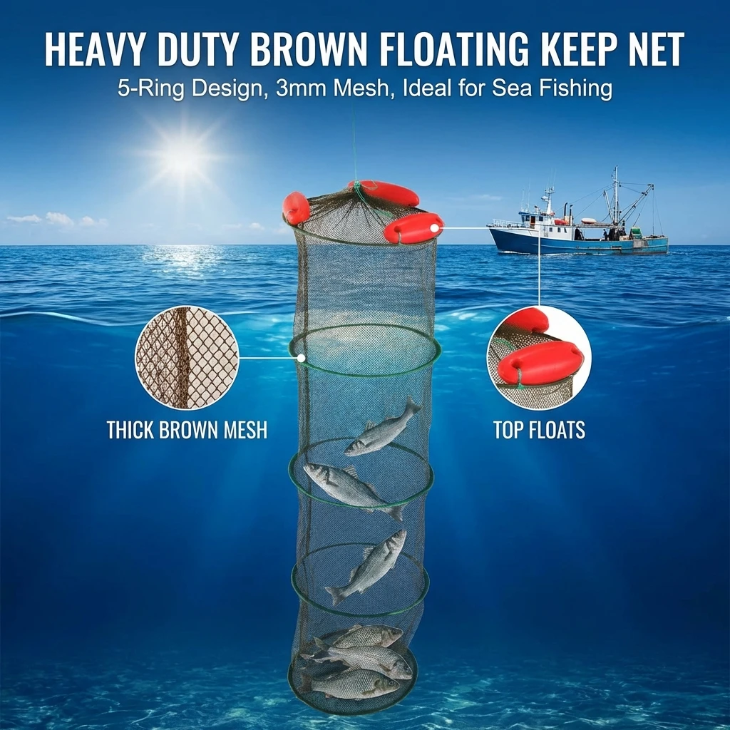 

Fishing Net Bag with Thickened Polyester for Sea Fishing Three Float Design Easy Storage Coffee Color