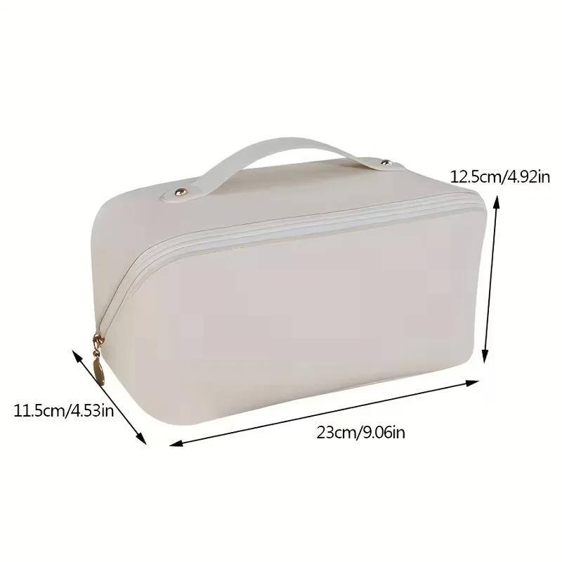 Custom Name Beige Light Luxury PU Makeup Bag, Large Capacity Compartment Storage, Portable Handheld Travel Beauty Bag