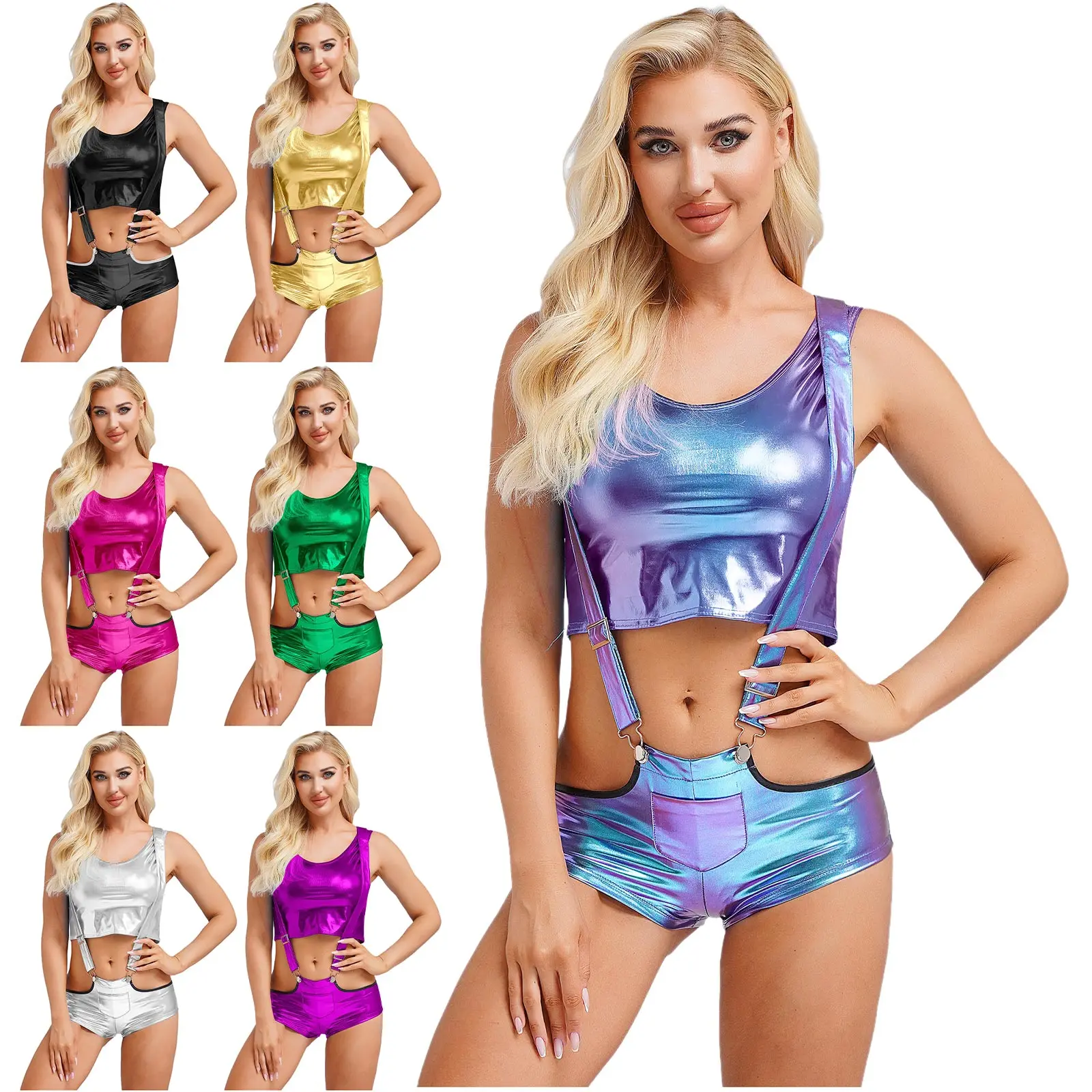 إمرأة ديسكو الهيبيز القطب ملابس رقص لامعة معدنية تانك القمم + الحمالات فستان أطفال مع سروال داخلي ساخن Wetlook الهذيان مهرجان كلوبوير