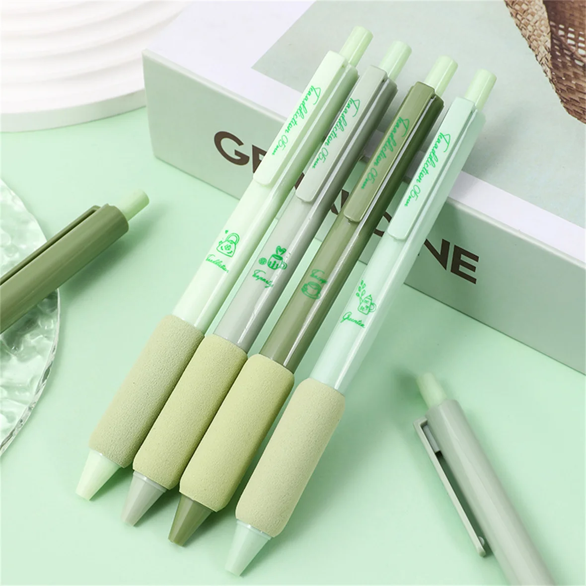 4pcs Green Gel Ink Pen Set ST Pen Tip Black Ink Quick Dry Pen Press Action Neutral Pen School Supplies Office Stationery Gift