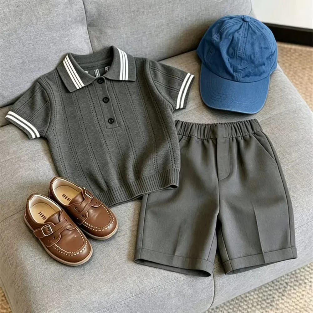Kids Boys Summer Clothing Set 2026 New Retro Color Block Hollow Knit Short Sleeve T-Shirt + Dress Shorts 2-Piece Suit Handsome