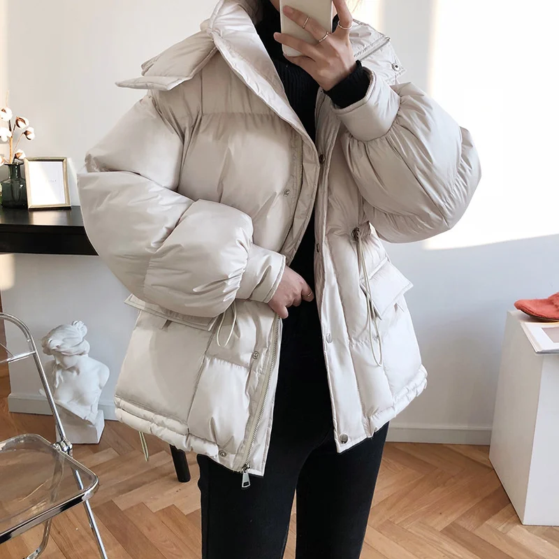 2022Winter Drawstring Waist Hooded Down Cotton Coat Loose Pocket Long Sleeve Warm Women Parkas Winter Thickened Windproof Jacket