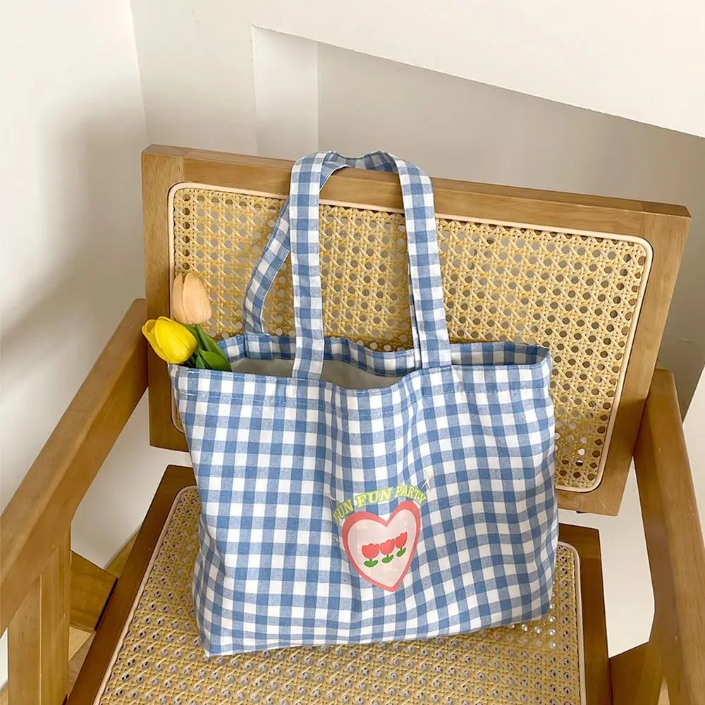 Fresh Color Plaid Canvas Bag Korean Style Solid Color Vacation Tote Bag Lightweight Eco Bag Office Worker Tote Shoulder Bag