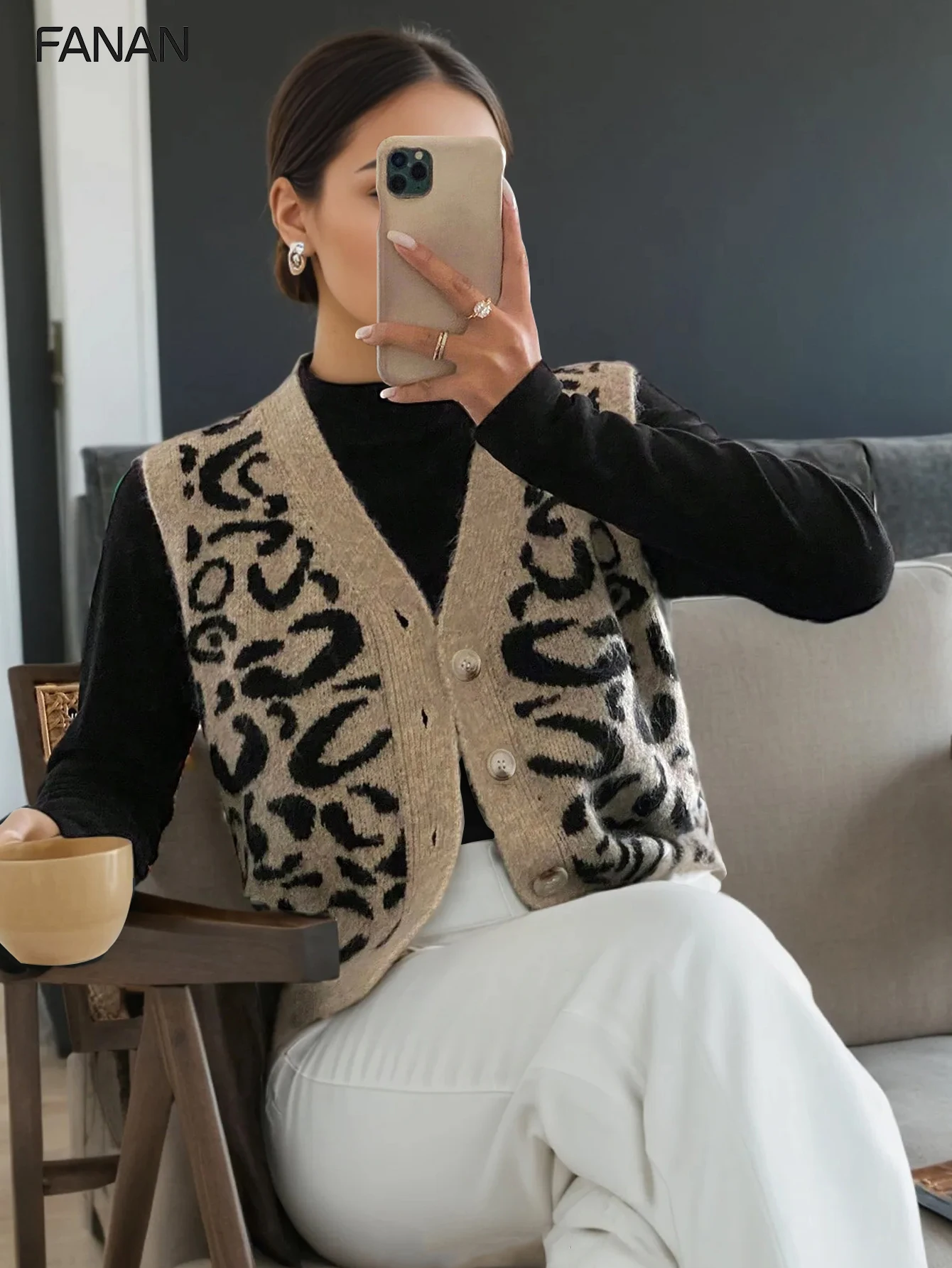 

Новый осенне-зимний вязаный кардиган для женщин в непринужденном стиле, свитер-жакет, с леопардовым принтом цвета хаки, приталенный дизайн с V-образным вырезом, повседневное и элегантное осенне-зимнее пальто, базовый универсальный стиль для городских поез