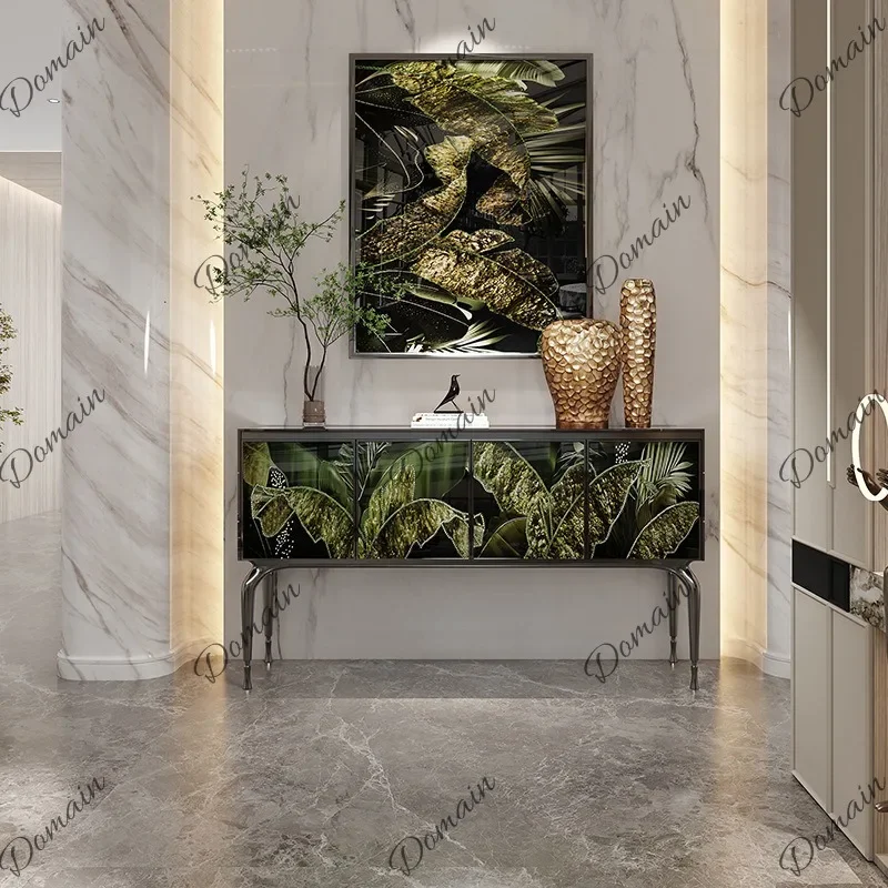 BJ French Luxury Sideboard Cabinet For Living Room Wall Decor Storage Cabinet Crystal Diamond Art Painted Entryway Console Table