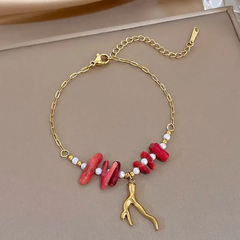 New Waterproof Golden Stainless Steel Bracelet for Women Boho Red Coral Imitation Pearl Beaded Bracelet Vacation Jewelry Gifts