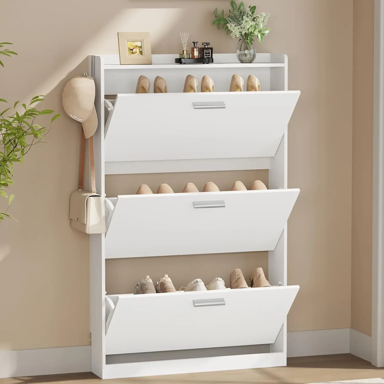 Slim Shoe Cabinet with 3 Flip Drawers,Narrow Shoe Rack 23.6" W White | Freestanding shoe storage cabinet for, Customized