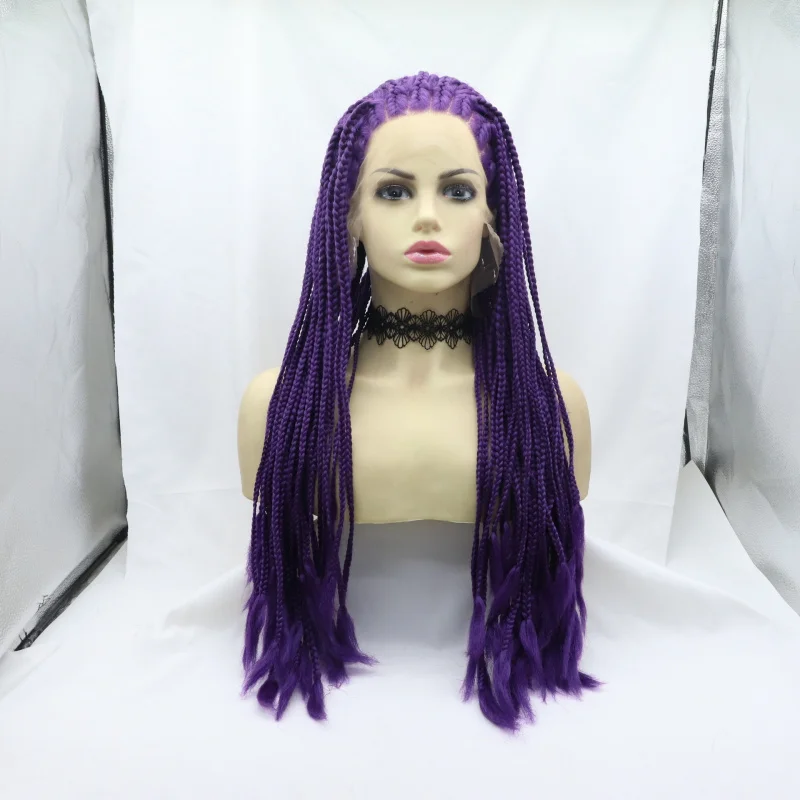 -crocheted lace front synthetic fiber wig, hand-woven purple three-strand thick braids, full headpiece