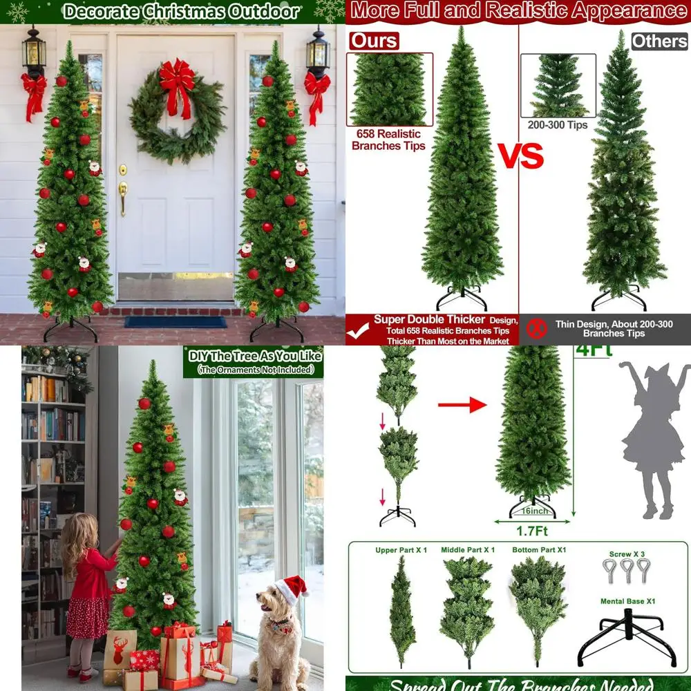 

Artificial 6-Foot Pencil Christmas Tree with 658 Dense Branch Tips, Skinny Design, Metal Stand, Hinged for Easy Setup, Ideal for