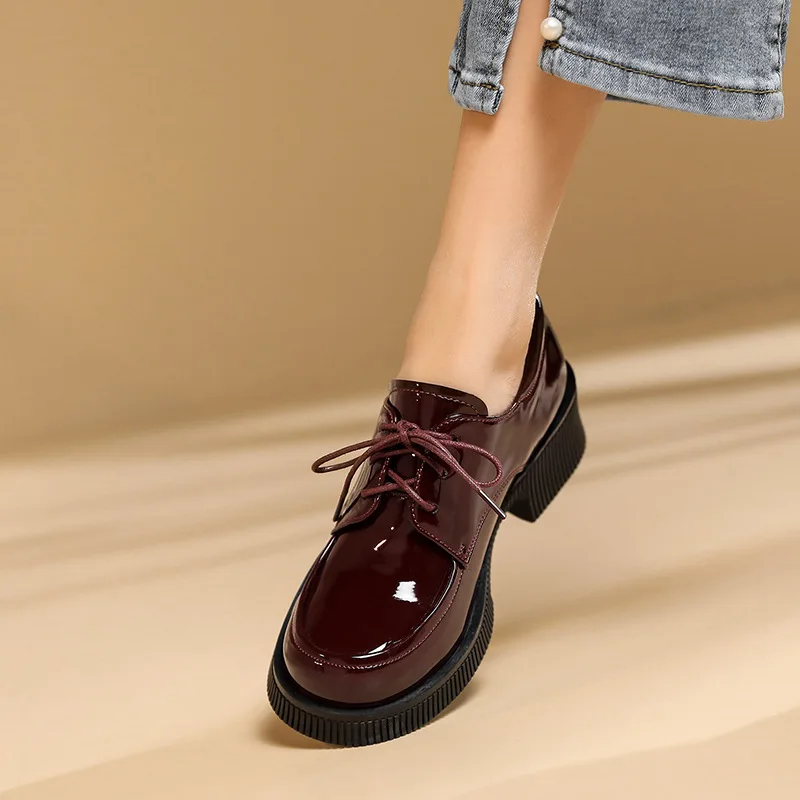 

Lefu shoes thick soled leather shoes women's British style women's shoes spring retro round toe thick heel women's single shoes