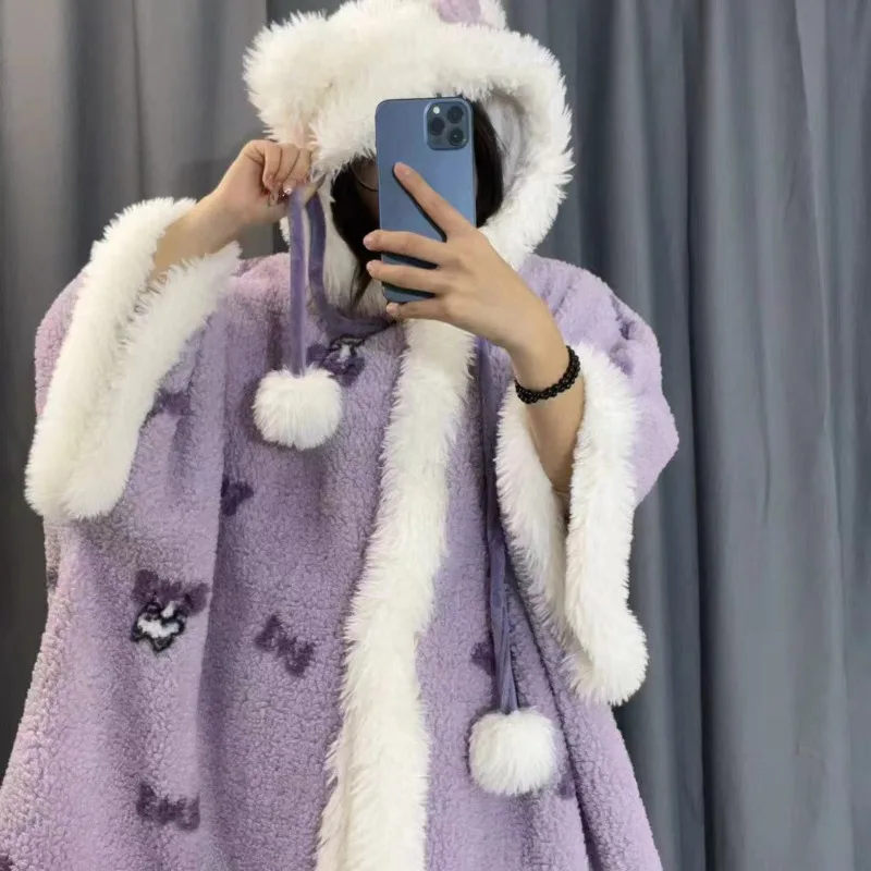 

Lilac Bunny Ear Hooded Hello Kitty Plush Robe & Pants, Fuzzy Kawaii Wearable Pajamas for Women, Cozy Fleece Home Loungewear