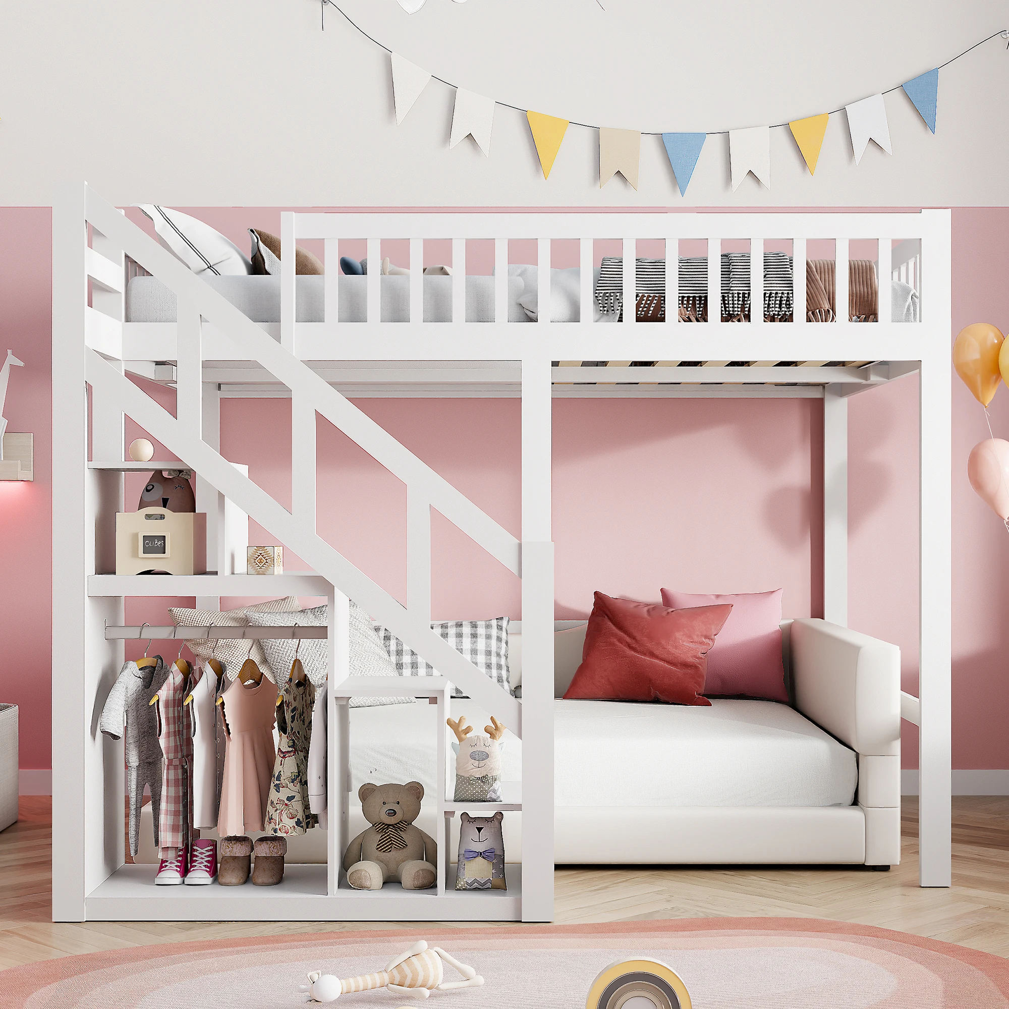 Letto a Castello per Bambini Rosahqnda - Protezione Anticaduta e Struttura in Legno, Letto a Cabina 90/140x200cm per 2 Bambini, Senza Materasso