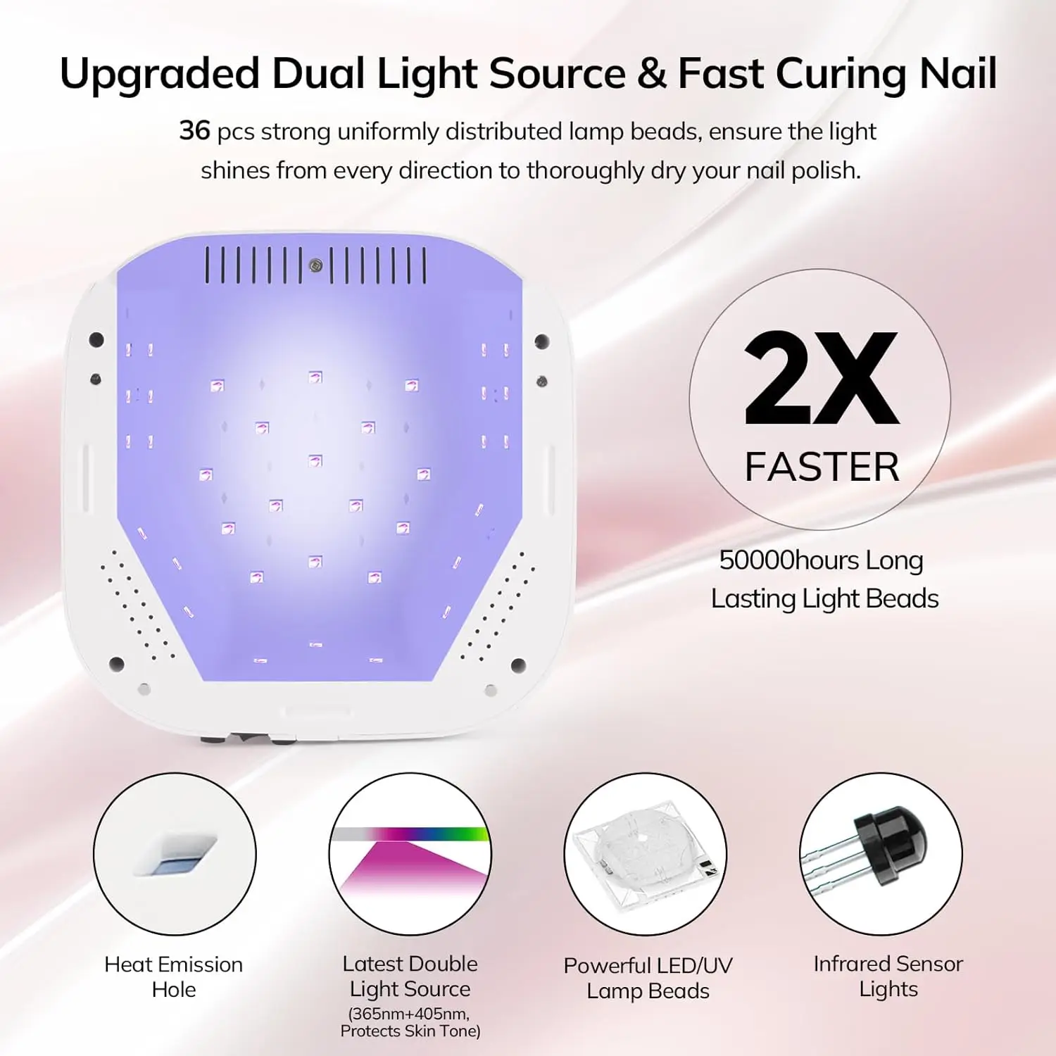 Lampe à ongles UV LED sans fil 54 W, lumière gel rechargeable avec minuterie et affichage pour usage domestique en salon en rose mat