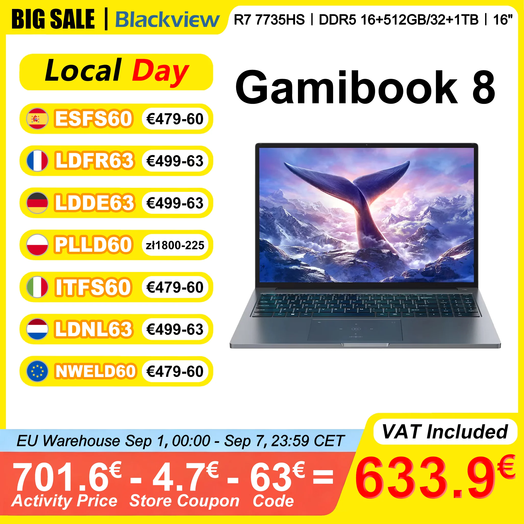 Image of Blackview ‎ GamiBook 8 Laptop 16 Zoll AMD R7 7735HS DDR5 16GB/32GB RAM 512GB/1TB ROM Windows 11 Pro BT5.2 Wifi6