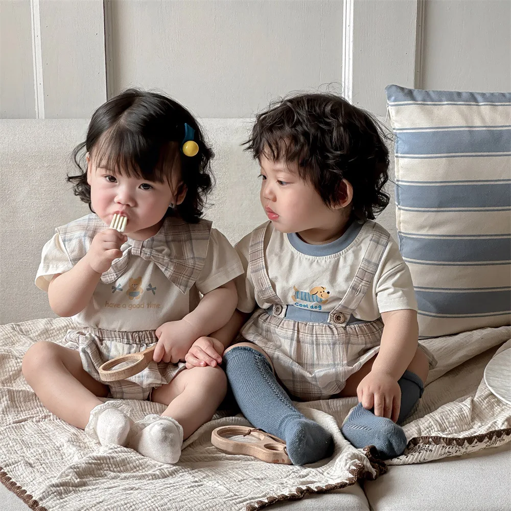 Abbigliamento per bambini estate stile coreano nuovo Set di due pezzi a maniche corte Casual alla moda bretelle fratello e sorella fuori abbigliamento