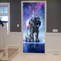 Astronaut Door Stickers Wallpaper Mysterious Universe Outer Space Doors Murals Shining Starry Sky Decals Poster for Home Decor