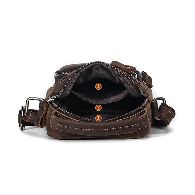 Top Handle Adjustable Strap Crossbody Bag with Multiple Zipper Pockets Men Vintage Genuine Cowhide Leather Daily Shoulder Bags