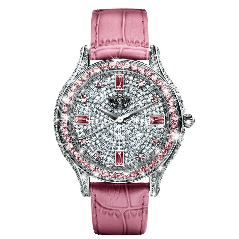 Fashion Rhinestone Genuine Leather Strap Pink Women's Quartz Movement Wrist Watch Pointer Style Atmospheric Trend