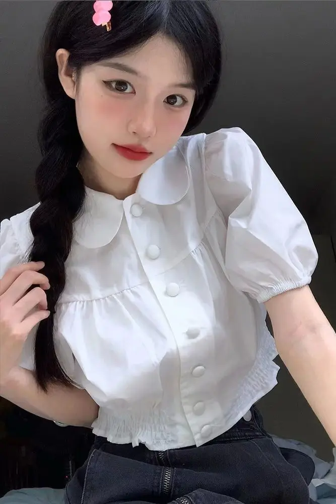 

Рубашки женские, шифоновые, в горошек, с аппликацией, с рукавами-фонариками, укороченный крой, шикарная блузка на закате, для отдыха и любителей дам, для праздничного использования