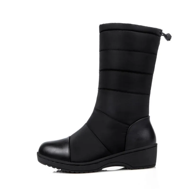 Botas de algodão meio bezerro para mulheres, plataforma para baixo, algodão espacial, salto quadrado, quente, antiderrapante, salto, outono, inverno