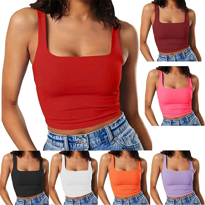 Women Solid Color Slim Fit Sleeveless Crop Top with Non-removable Strap Square Neck Cropped Length Stretch Fabric Women's Tanks
