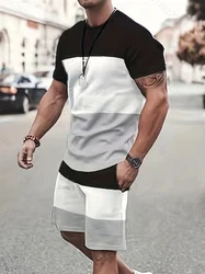 New Summer Men's Casual Short sleeved Set - T-shirt and shorts 2-piece set, men's O-neck striped clothing top, 2024, S-2XL