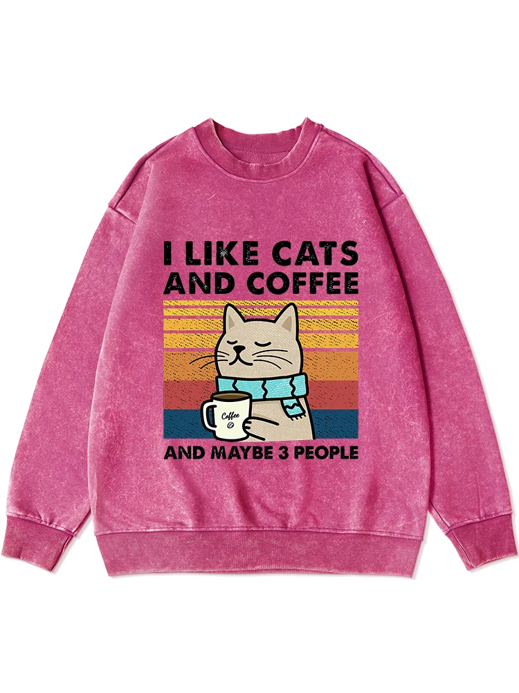 

I Like Cats And Coffee Print Distressed Cotton Hoody Women Soft O-Neck Sweatshirt Warm Comfortable Hooded Autumn Washed Tops