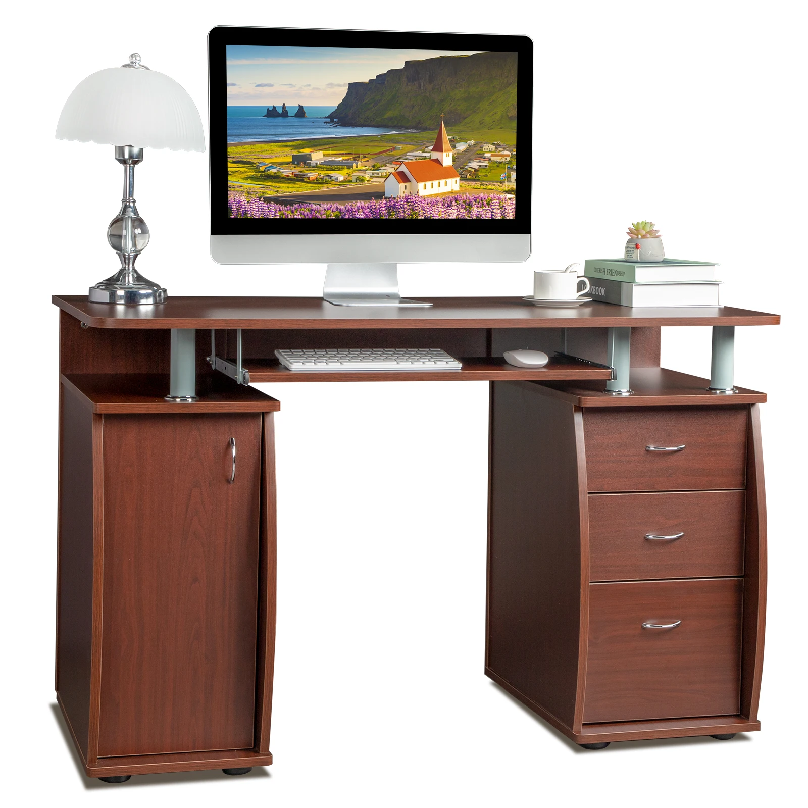 FCH  115* 55*74cm  15mm MDF Portable 1pc Door with 3pcs Drawers Computer Desk (A Box) Coffee Color