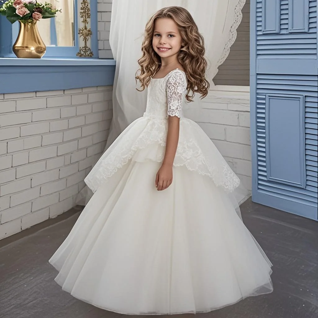 

Flower Girl Wedding DressGown Half Sleeve Off Shoulder Lace Bow Princess Pageant Party Dress Prom Ball Gown First Communion