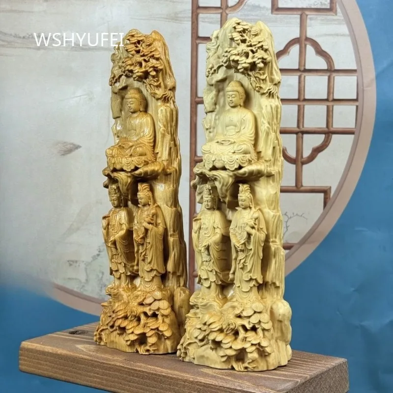 Boxwood Carved Western Three Saints Statue Buddha Guanyin Sculpture Pine Mountain Landscape Wood Carving Home Worship Ornament
