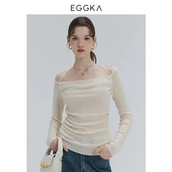 EGGKA Autumn One-shoulder Halter Neck Knitted Tops Women Slim Designer T-Shirts Slash Neck Long Sleeve Tops Korean Fashion Tees