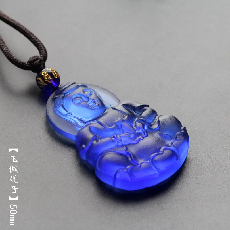 Chinese Style Lucky Dark Blue Glaze Guanyin Buddha Pendant Necklace Blessing Good Luck Wealth Unisex Long Sweater Chain Jewelry