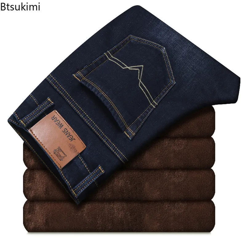 2024 Men's Warm Middle Waist Plush Jeans Autumn Winter Simple Thicker Fleece Warm Denim Pants Slim Stretch Straight Trousers Men