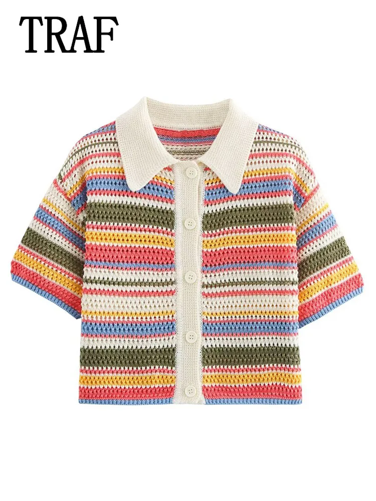 TRAF Women 2 Pieces Rainbow Stripes Knitted Cardigans Women Suit Casual Fashion Short Sleeve Knitwear Women Outfit