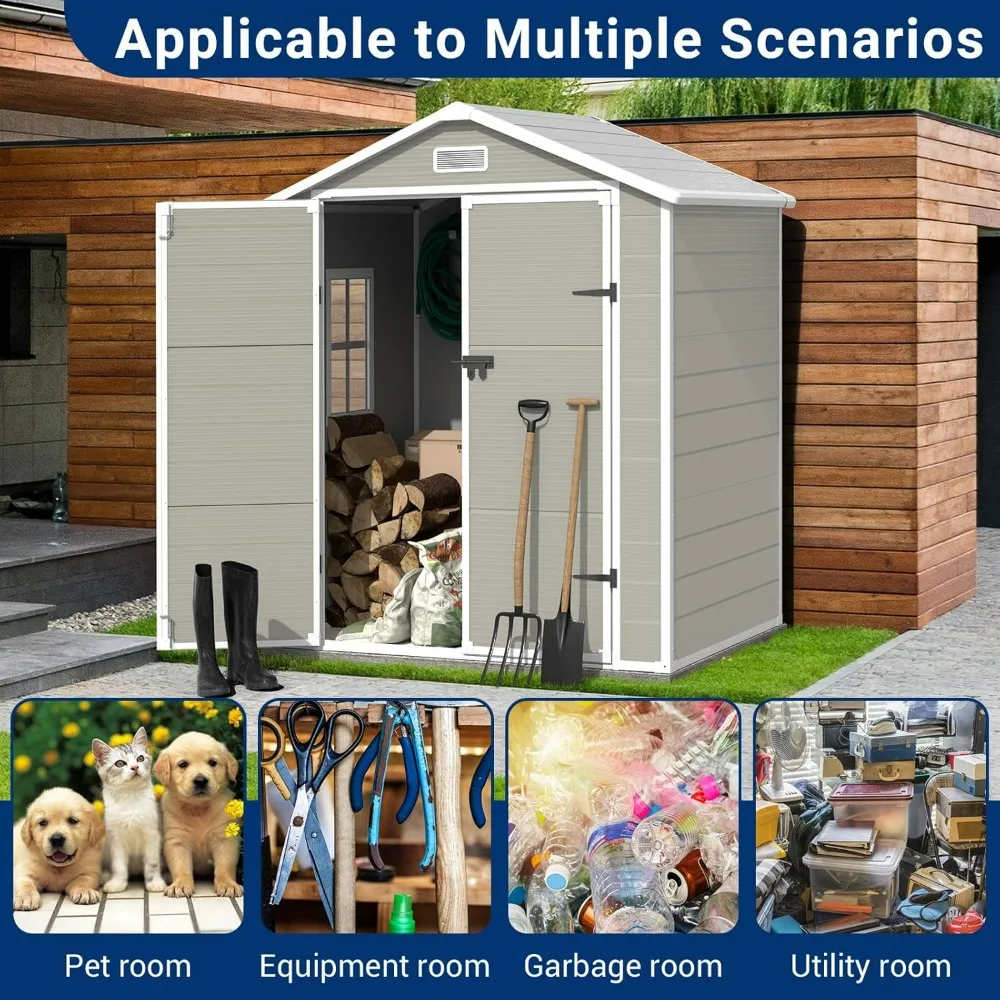 Outdoor Resin Storage Shed, 6x4.5FT Plastic Storage Sheds with Floor, Lockable Door, Window, Waterproof Tool Sheds & Outdoor