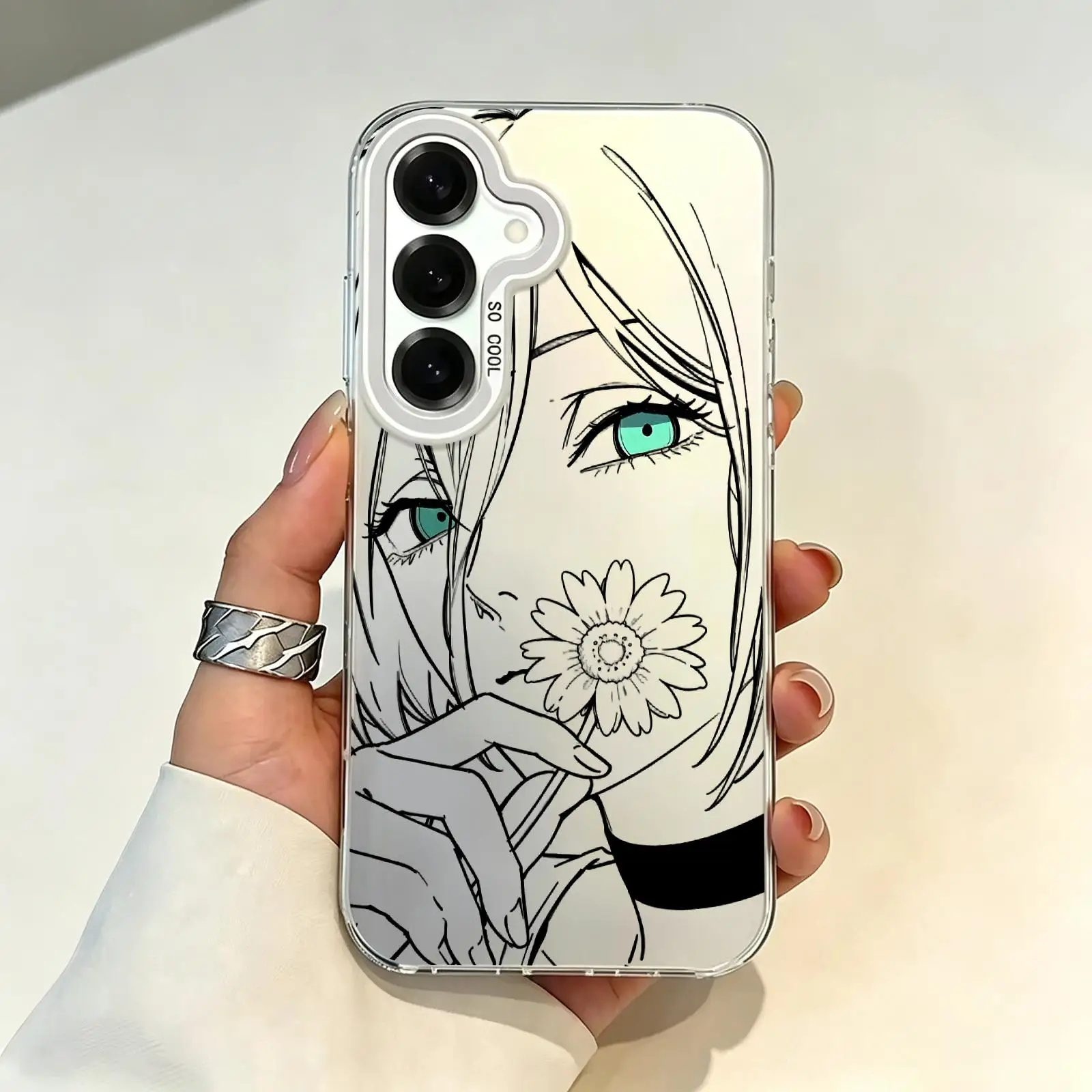 Silver IMD phone case HOT Anime Chainsaw Man Rezes Line Art For Samsung A57 A56 A37 A27 A17 A36 A26 A55 A35 Shockproof Cover