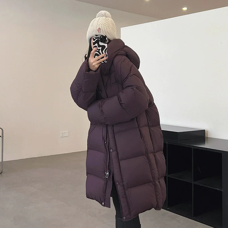 Schinteon jaqueta longa feminina de pato branco com capuz outono inverno quente casual solto outwear 2025 nova moda casaco