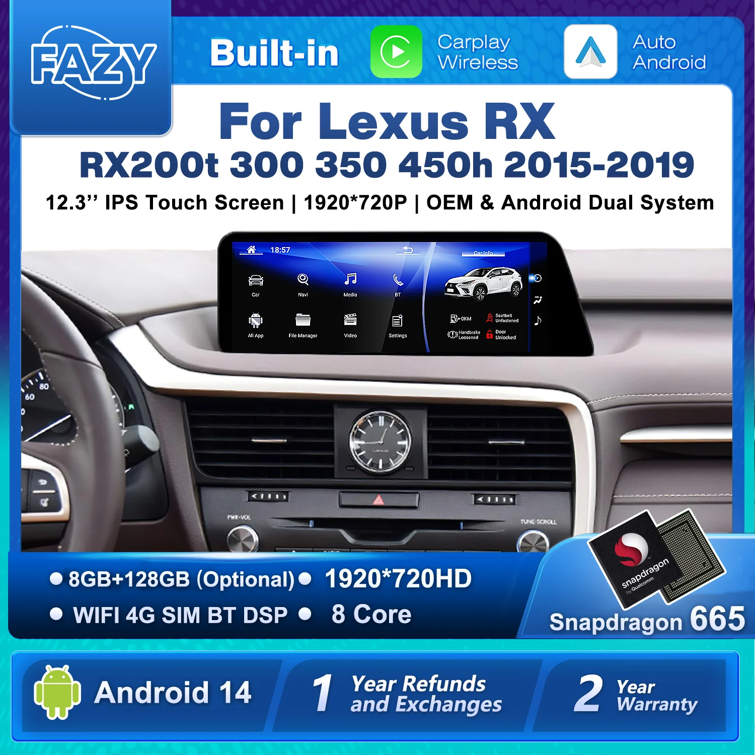 Radio Estéreo para Auto con Android 14, CarPlay Inalámbrico para Lexus RX RX200t Rx300 Rx350 Rx450h RX400h, Reproductor Multimedia, Navegación GPS