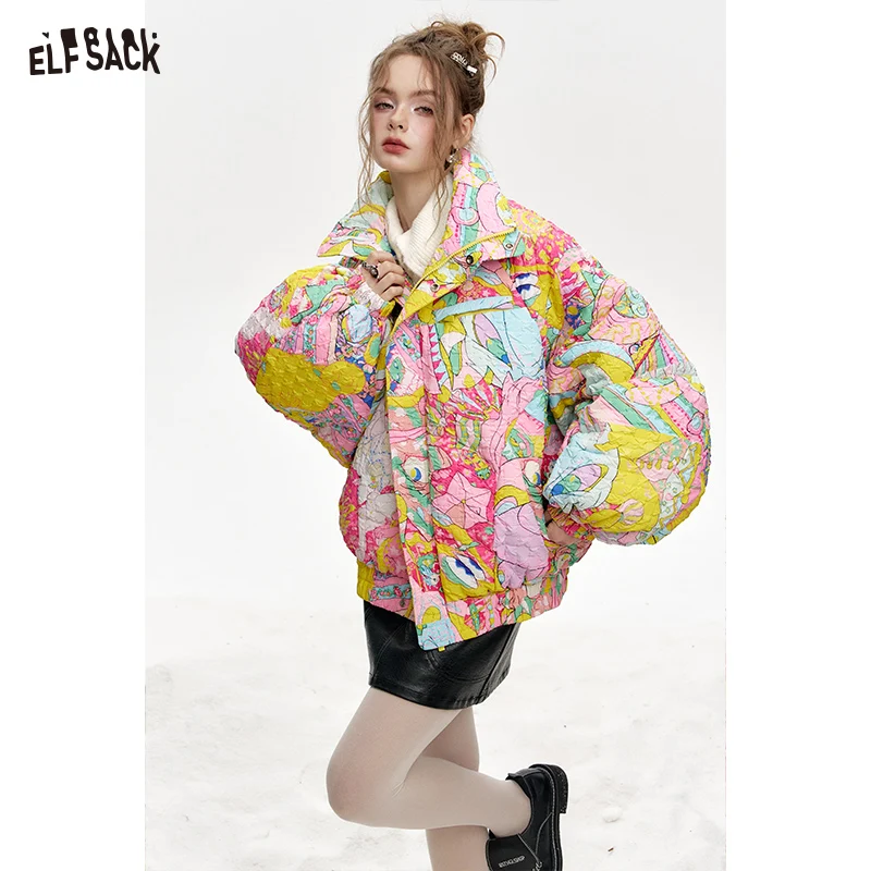 

ELFSACK 2024 Winter New Arrivals Stand collar loose full printed short down jacket for women