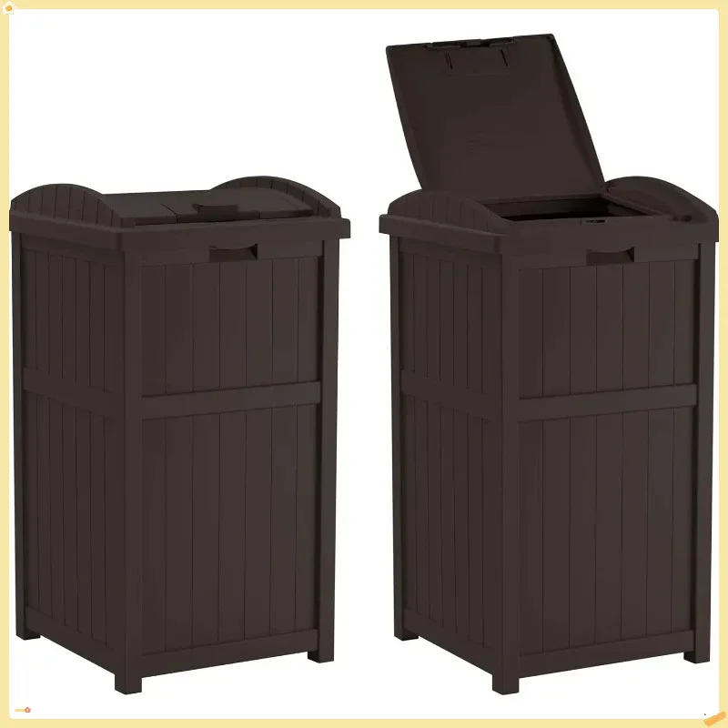 

33Gal Brown Wicker Trash Can, Secure Lid Outdoor Garbage Bin for Patio Deck Backyard Hideaway