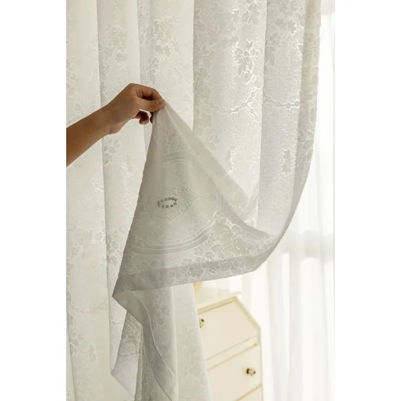 French Luxury High-end Cream Style Embossed Pearl European Floral Gauze Living Room Bedroom Balcony Curtains