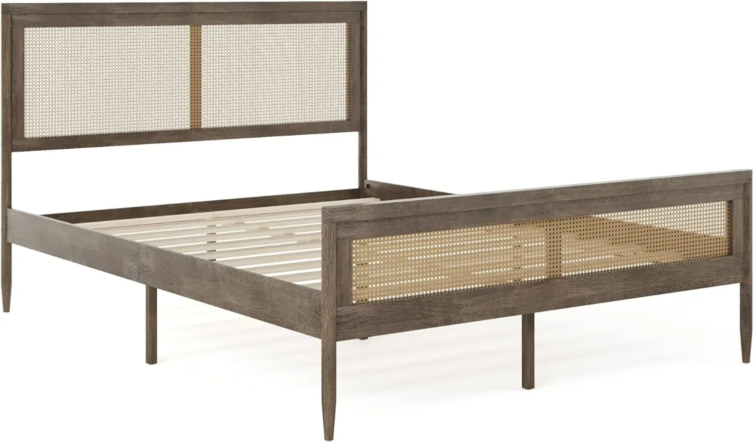 Bed with Rattan Headboard and Footboard, Support Slats, No Box Spring Needed, Queen Size, Brown Gray