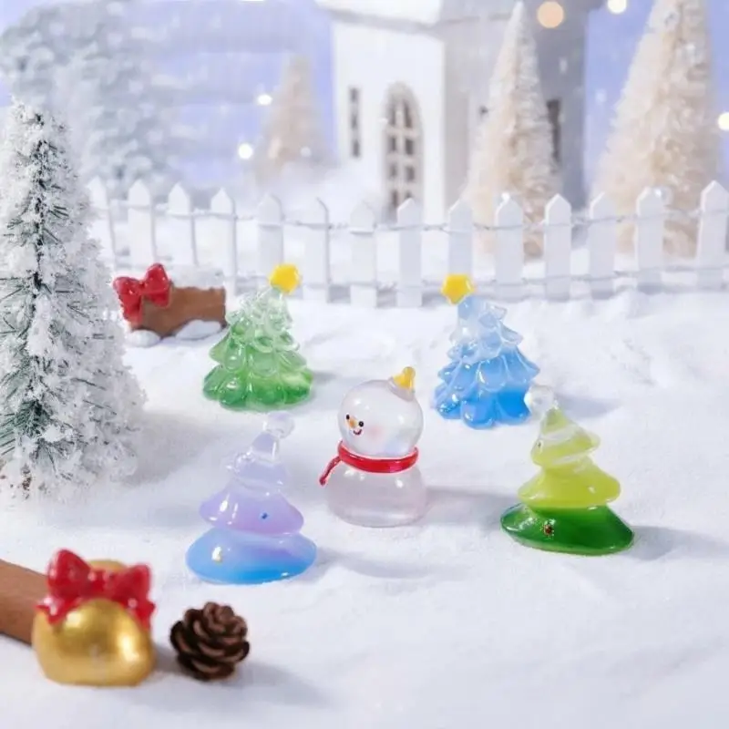 Translucent Glossy Mini Snowman Christmas Tree Figurines Cute Tiny Statues Xmas Party Desktop Fairy Garden Holiday Table Decor
