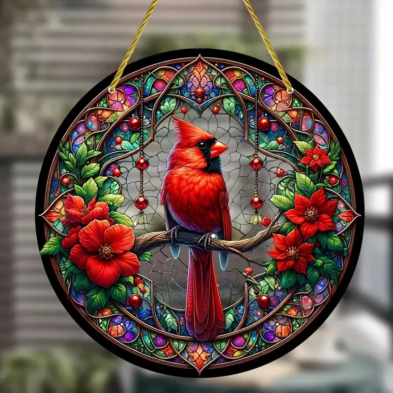 Red Bird Suncatcher,Christmas Bird Translucent Acrylic Round Sign Hanging Ornament,New Year Holiday Gift  Porch Wall Home Decor